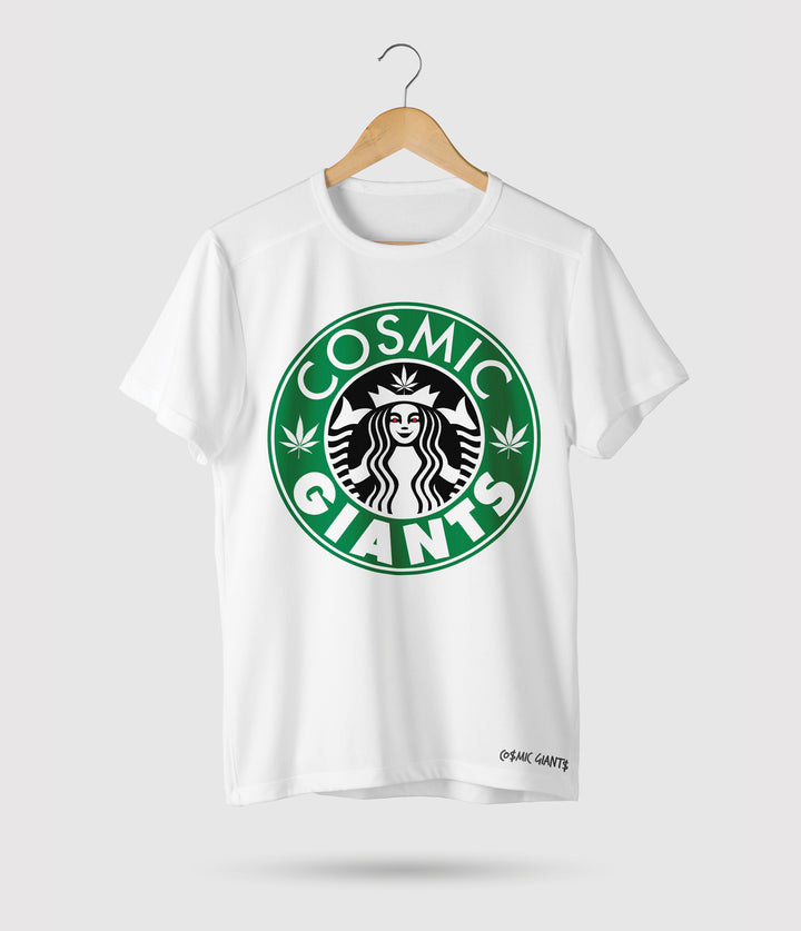Cosmic Giants Wake n Bake T-Shirt, available in white or black. This eye-catching t-shirt features a logo on the front, showcasing our unique design. Made from 100% cotton, it offers a classic relaxed fit that is perfect for everyday wear, providing both comfort and style. But there's more to this t-shirt than meets the eye. It draws inspiration from the beloved ritual of "wake and bake" – the act or practice of enjoying a smoke of marijuana immediately upon waking.
