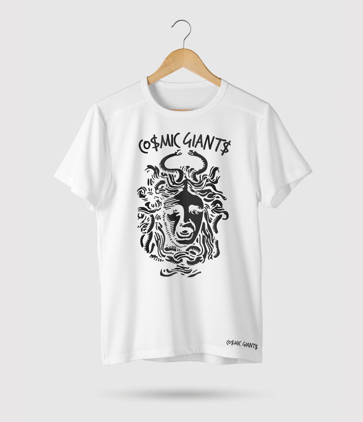 With its striking logo and attention to detail, our Cosmic Giants Medusa T-Shirt captures the essence of our brand's unique aesthetic. Stand out from the crowd and express your individuality with this statement piece. Crafted from 100% cotton. The premium-quality fabric guarantees a soft touch against your skin, while the relaxed fit allows for effortless style and freedom of movement. Machine wash cold tumble dry low. All shirts are made to print.